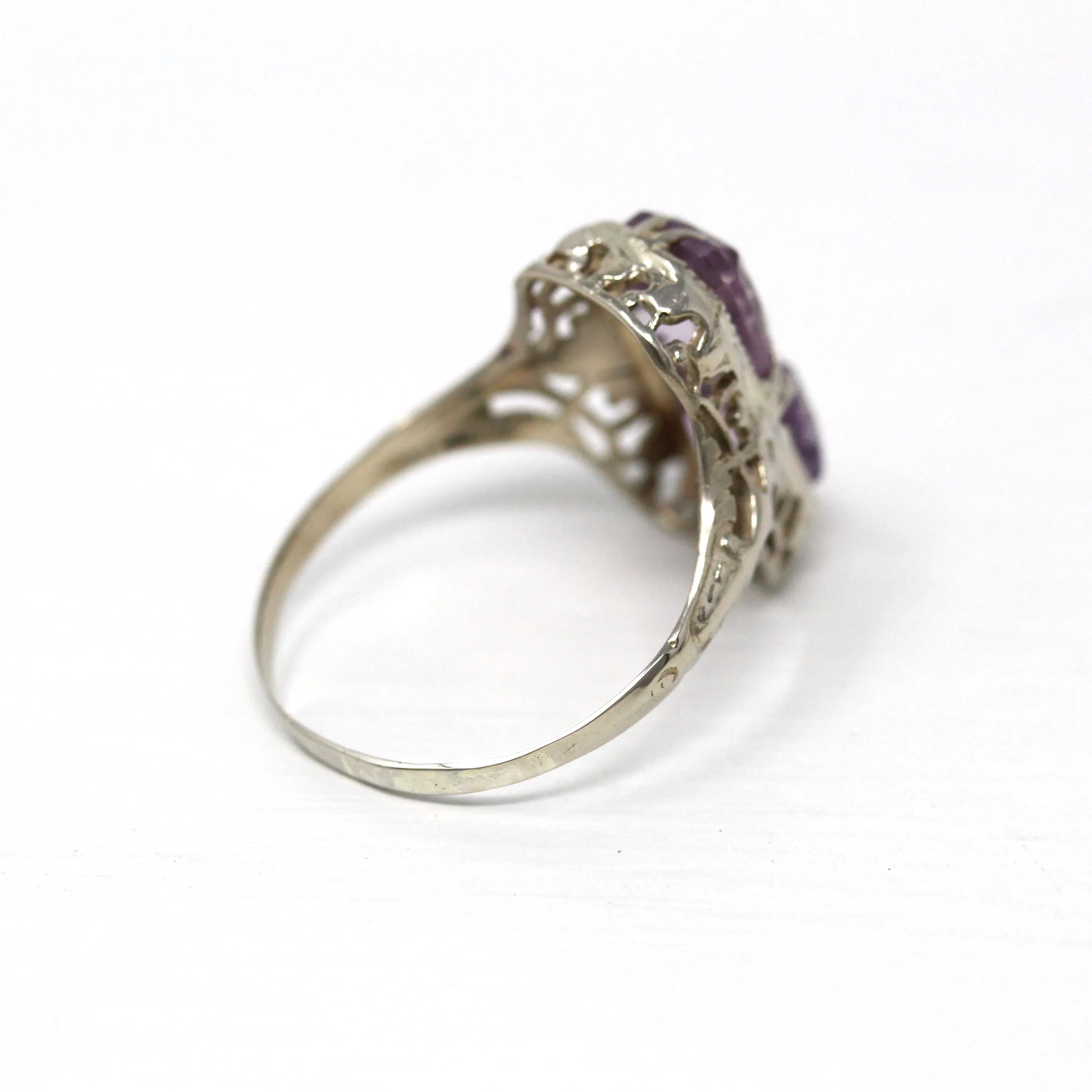 Two Stone Ring - Art Deco 10k White Gold Filigree Emerald Cut Amethyst - Vintage Circa 1930s Era Size 7 1/4 Fine Toi Et Moi Jewelry