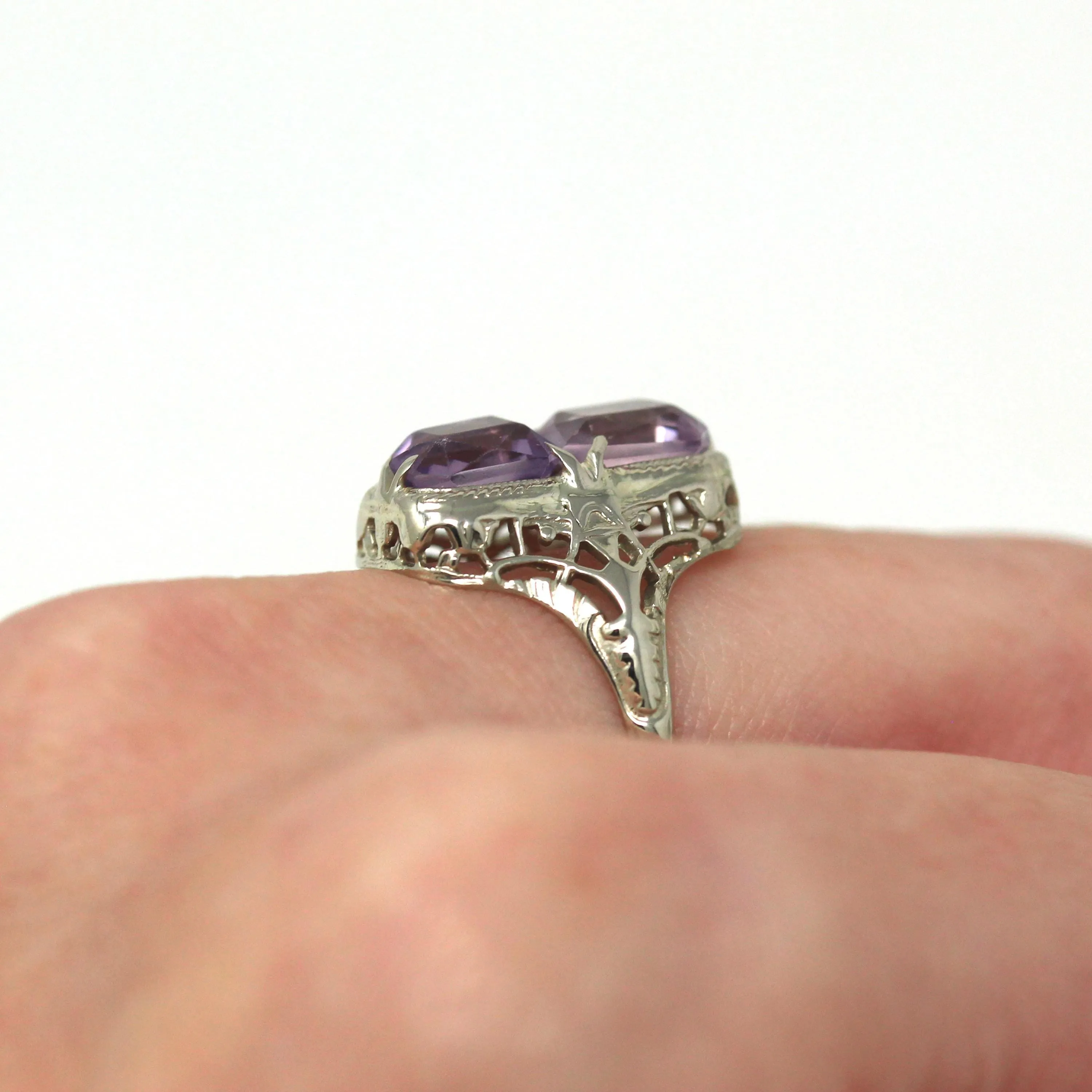 Two Stone Ring - Art Deco 10k White Gold Filigree Emerald Cut Amethyst - Vintage Circa 1930s Era Size 7 1/4 Fine Toi Et Moi Jewelry