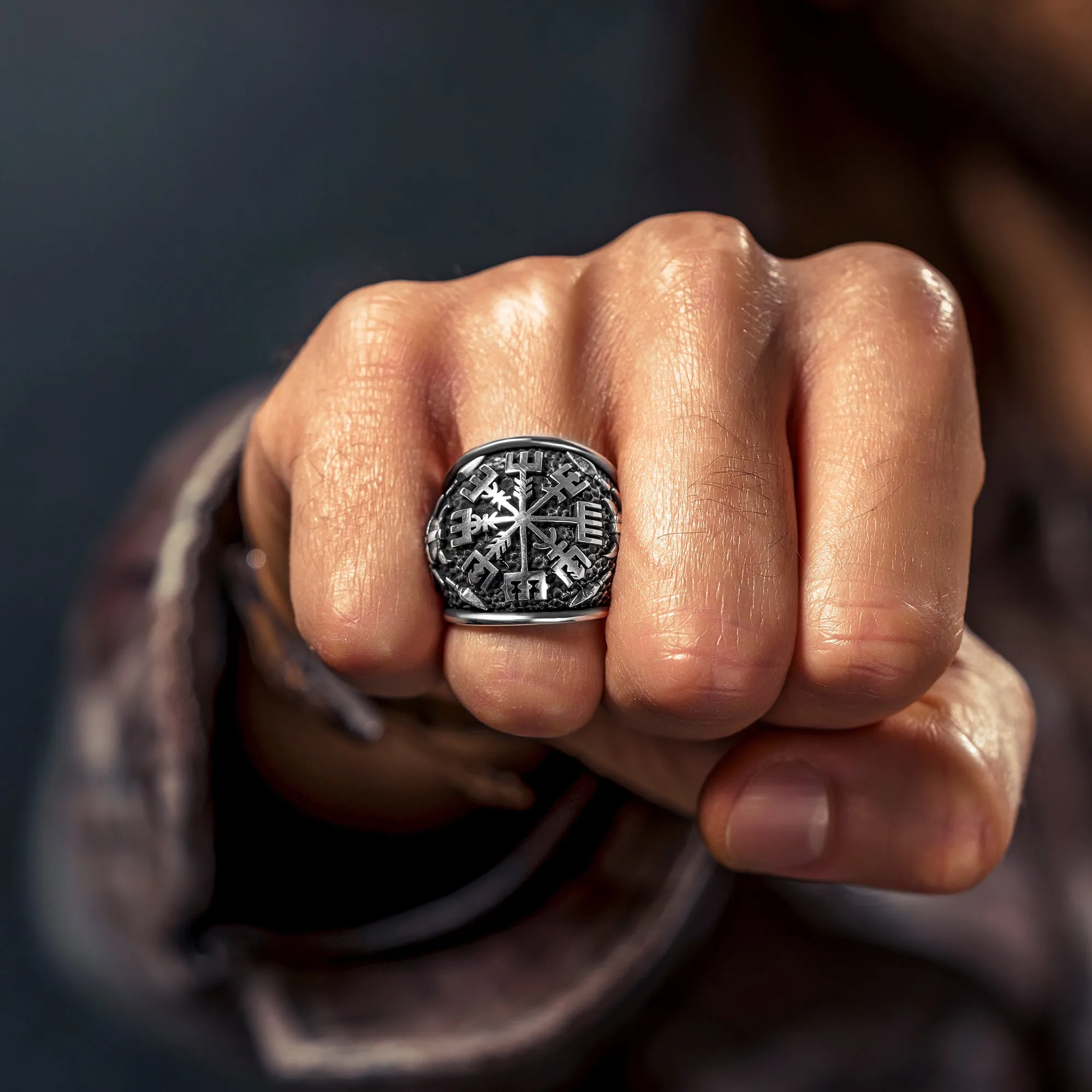 Viking Men Ring,Vegvisir Compass Solid 925 Sterling Silver Ring