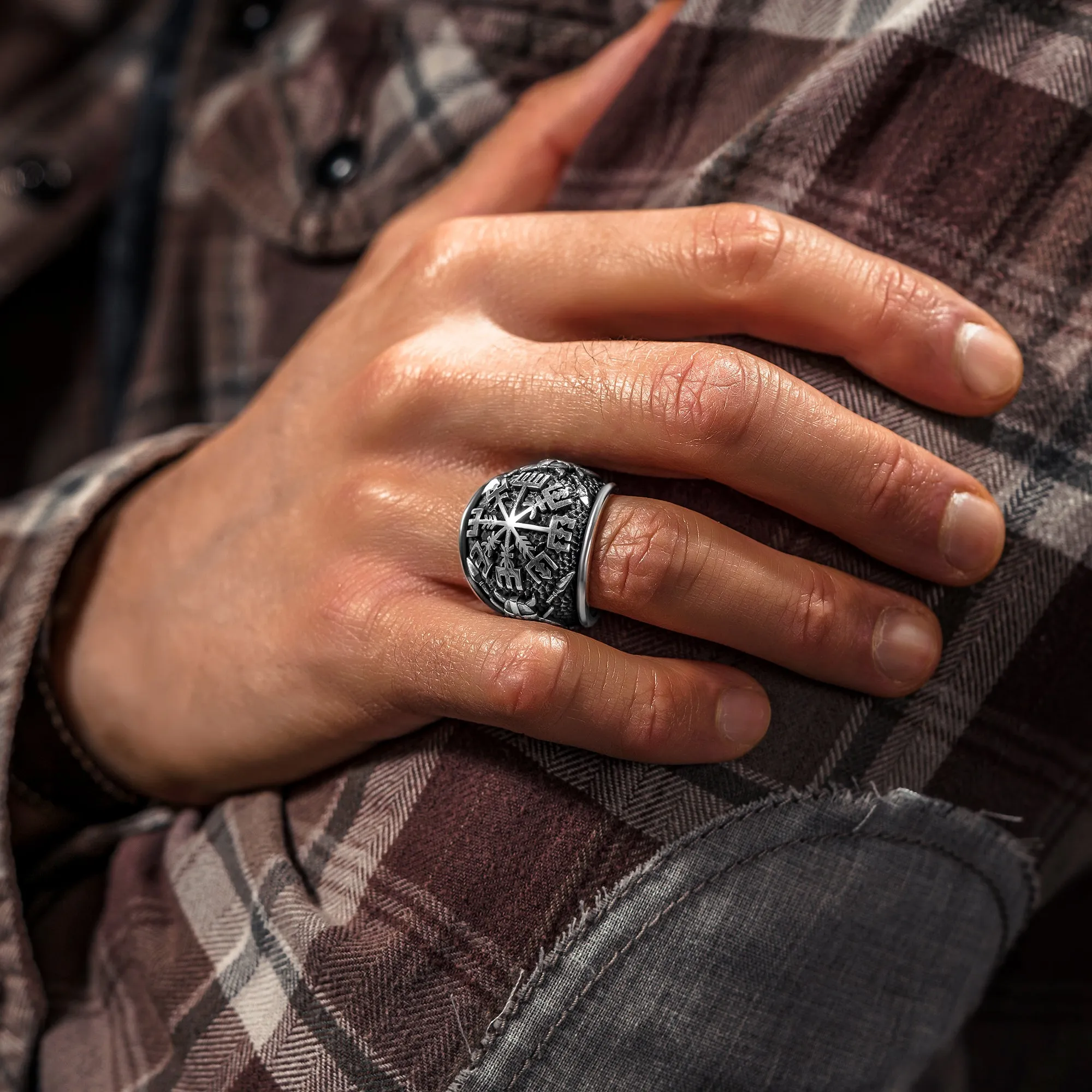 Viking Men Ring,Vegvisir Compass Solid 925 Sterling Silver Ring