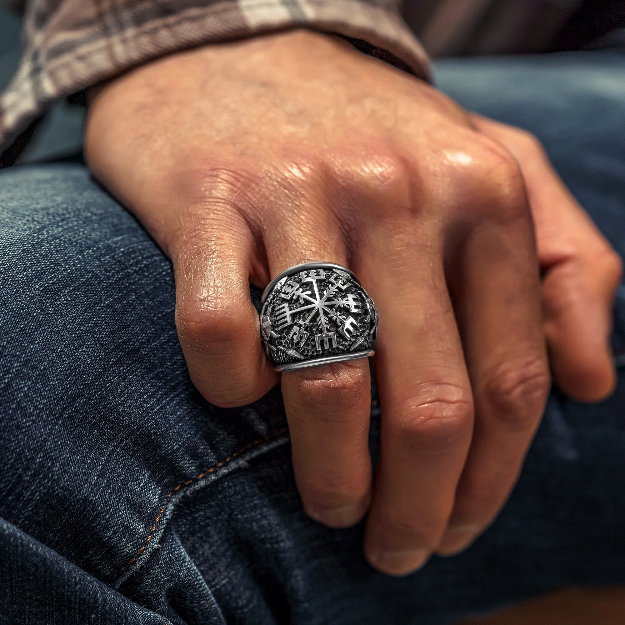 Viking Men Ring,Vegvisir Compass Solid 925 Sterling Silver Ring