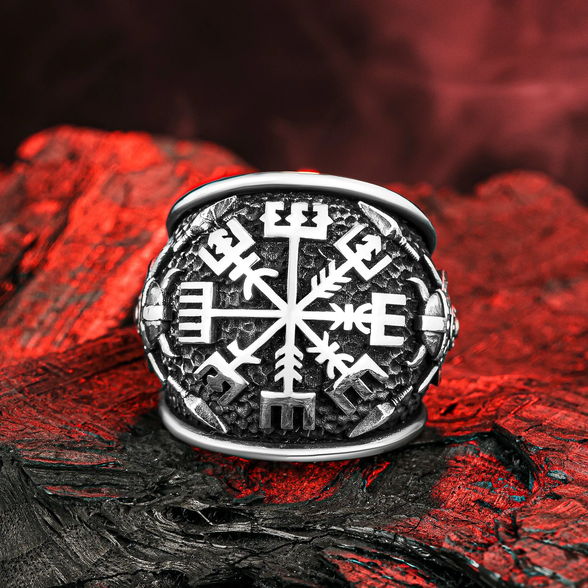 Viking Men Ring,Vegvisir Compass Solid 925 Sterling Silver Ring