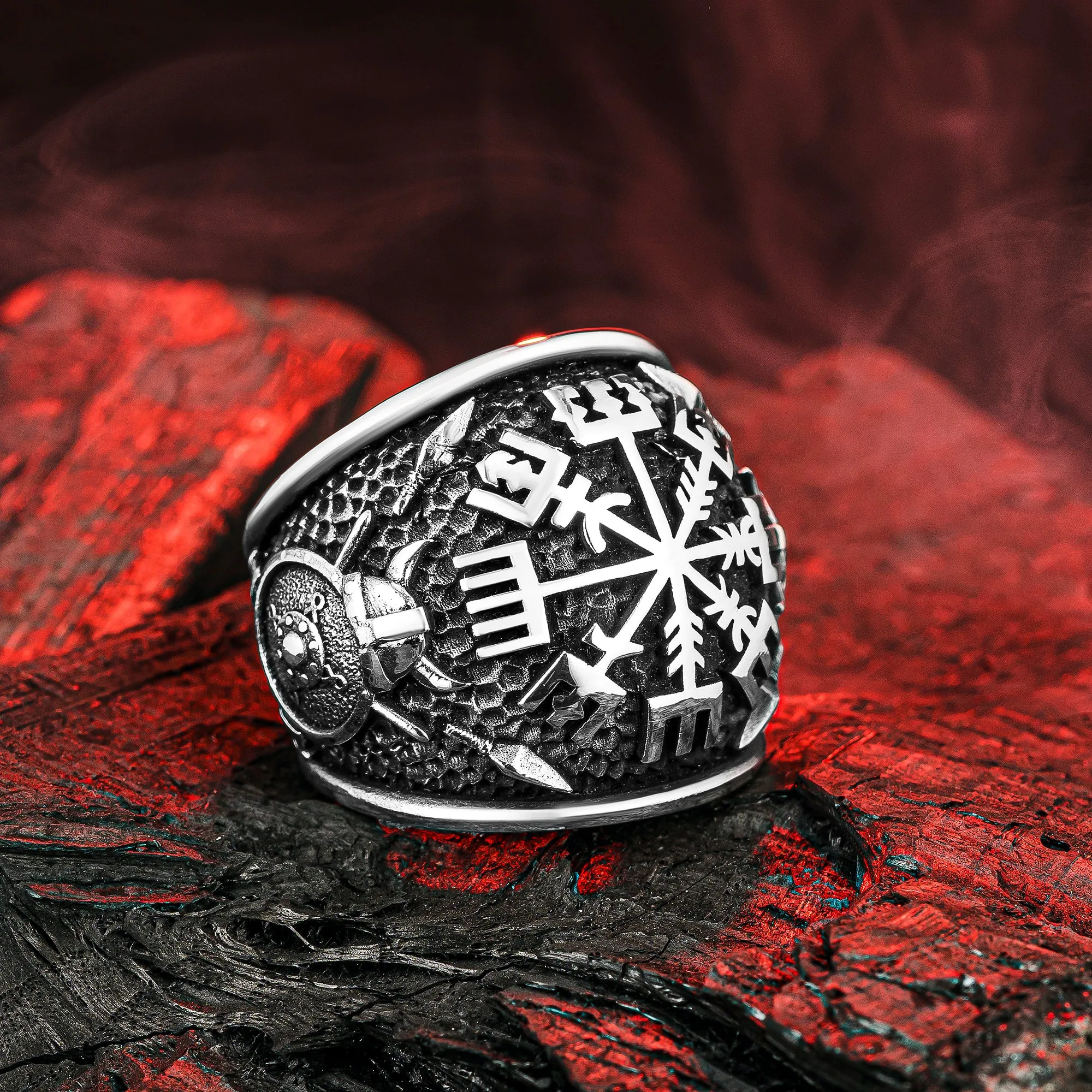 Viking Men Ring,Vegvisir Compass Solid 925 Sterling Silver Ring