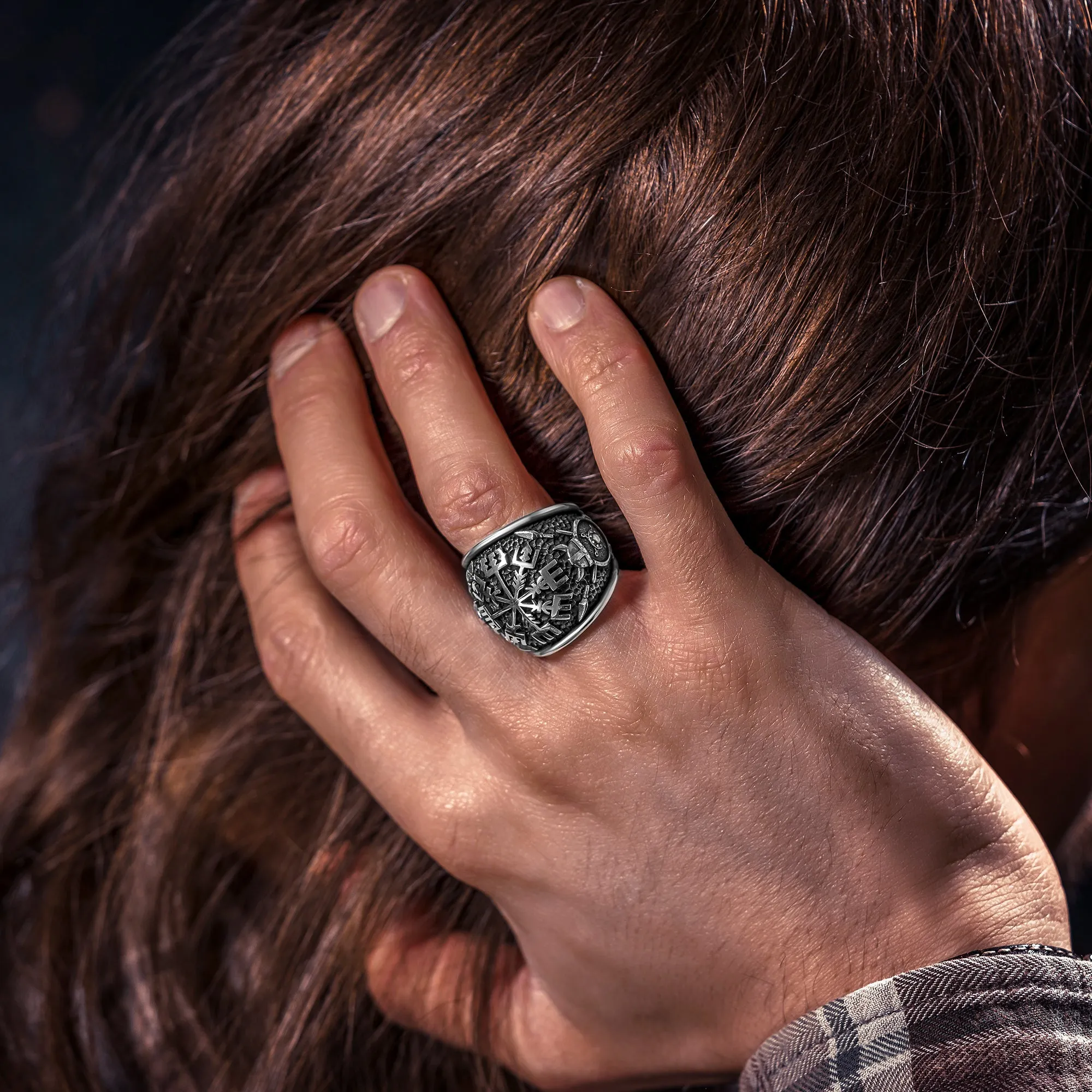 Viking Men Ring,Vegvisir Compass Solid 925 Sterling Silver Ring