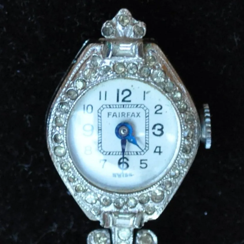 Vintage Fairfax Silver-Toned Ladies Watch Pendant Brooch - 20mm Dial - Beautiful Fairfax Silver Rhinestone Ladies Watch Brooch - Does Not Work