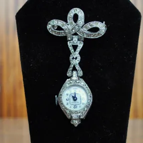 Vintage Fairfax Silver-Toned Ladies Watch Pendant Brooch - 20mm Dial - Beautiful Fairfax Silver Rhinestone Ladies Watch Brooch - Does Not Work