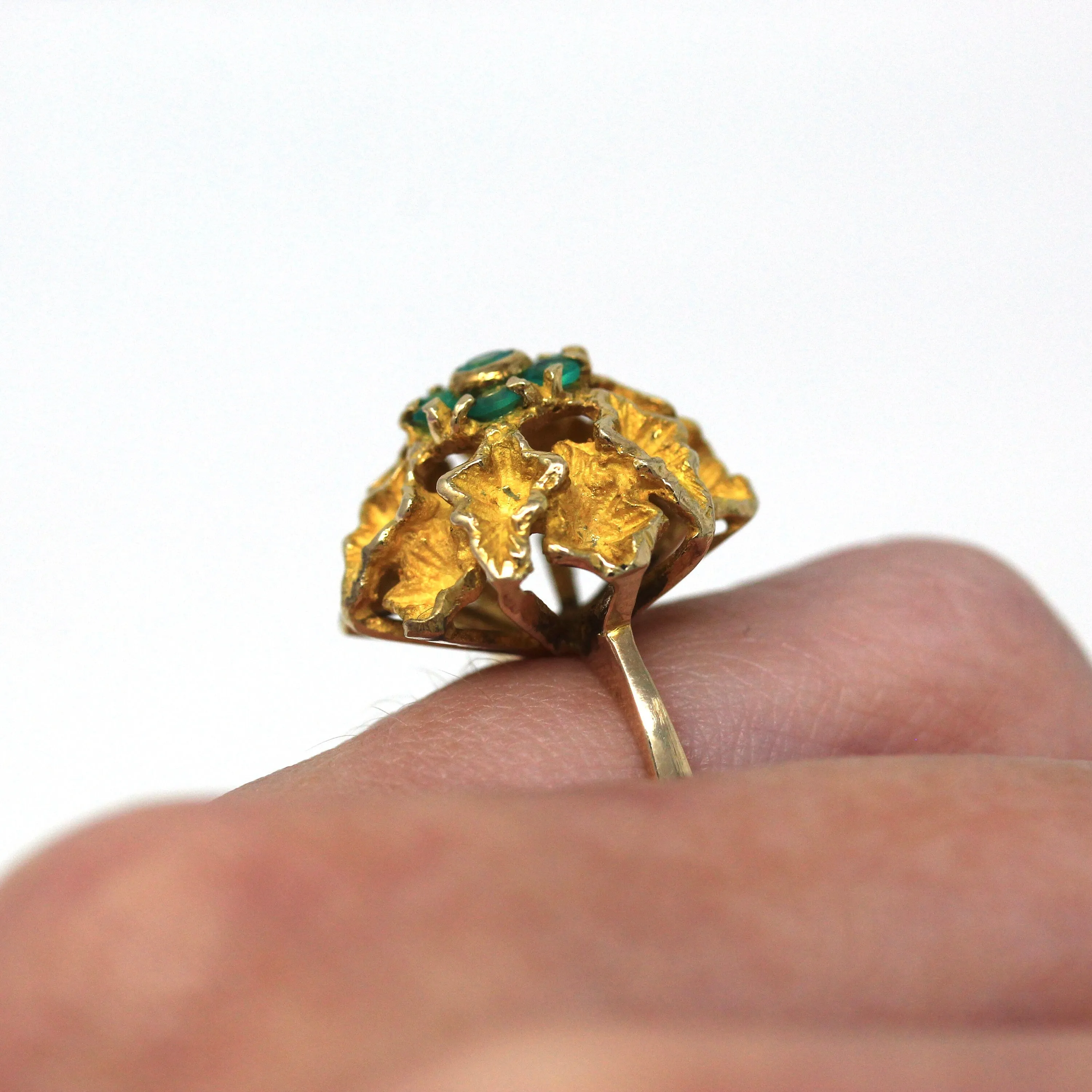 Vintage Flower Ring - Retro 14k Yellow Gold Green Chalcedony Cluster Genuine Gemstones - Vintage Circa 1970s Era Size 5 1/4 Fine 70s Jewelry