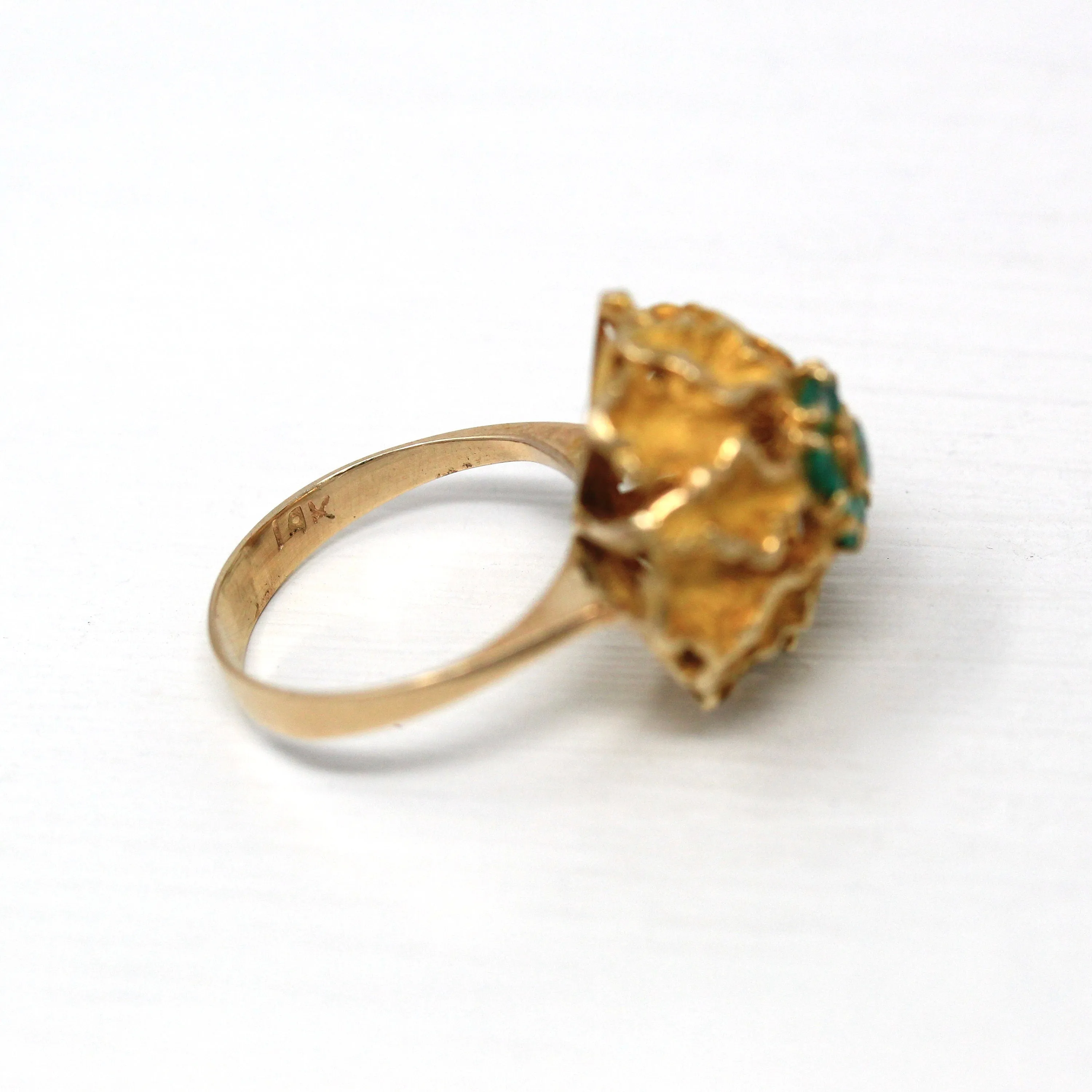 Vintage Flower Ring - Retro 14k Yellow Gold Green Chalcedony Cluster Genuine Gemstones - Vintage Circa 1970s Era Size 5 1/4 Fine 70s Jewelry