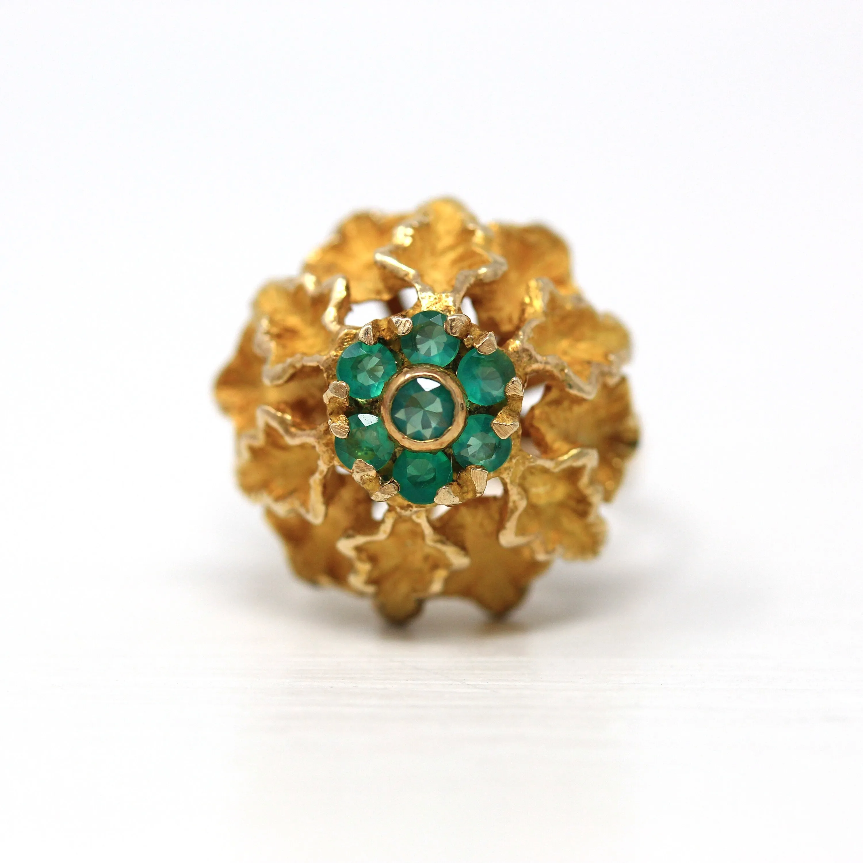 Vintage Flower Ring - Retro 14k Yellow Gold Green Chalcedony Cluster Genuine Gemstones - Vintage Circa 1970s Era Size 5 1/4 Fine 70s Jewelry