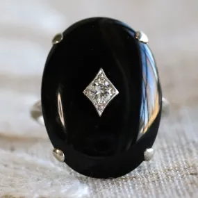 Vintage large Onyx cabochon & diamond ring in 14k white gold