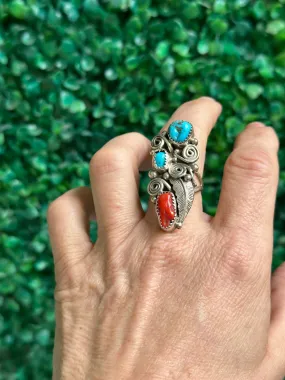 VINTAGE NAVAJO LUCY TURQUOISE CORAL NATIVE AMERICAN JEWELRY SILVER LEAF RING OLD