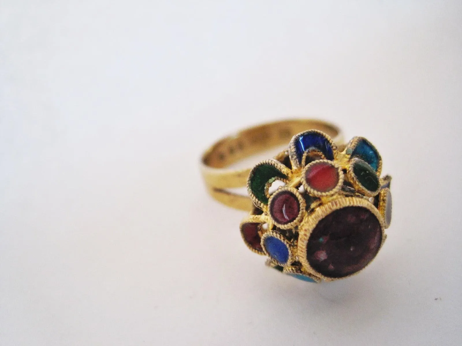 Vintage Silver Chinese Export Ring with Amethyst and Enamel