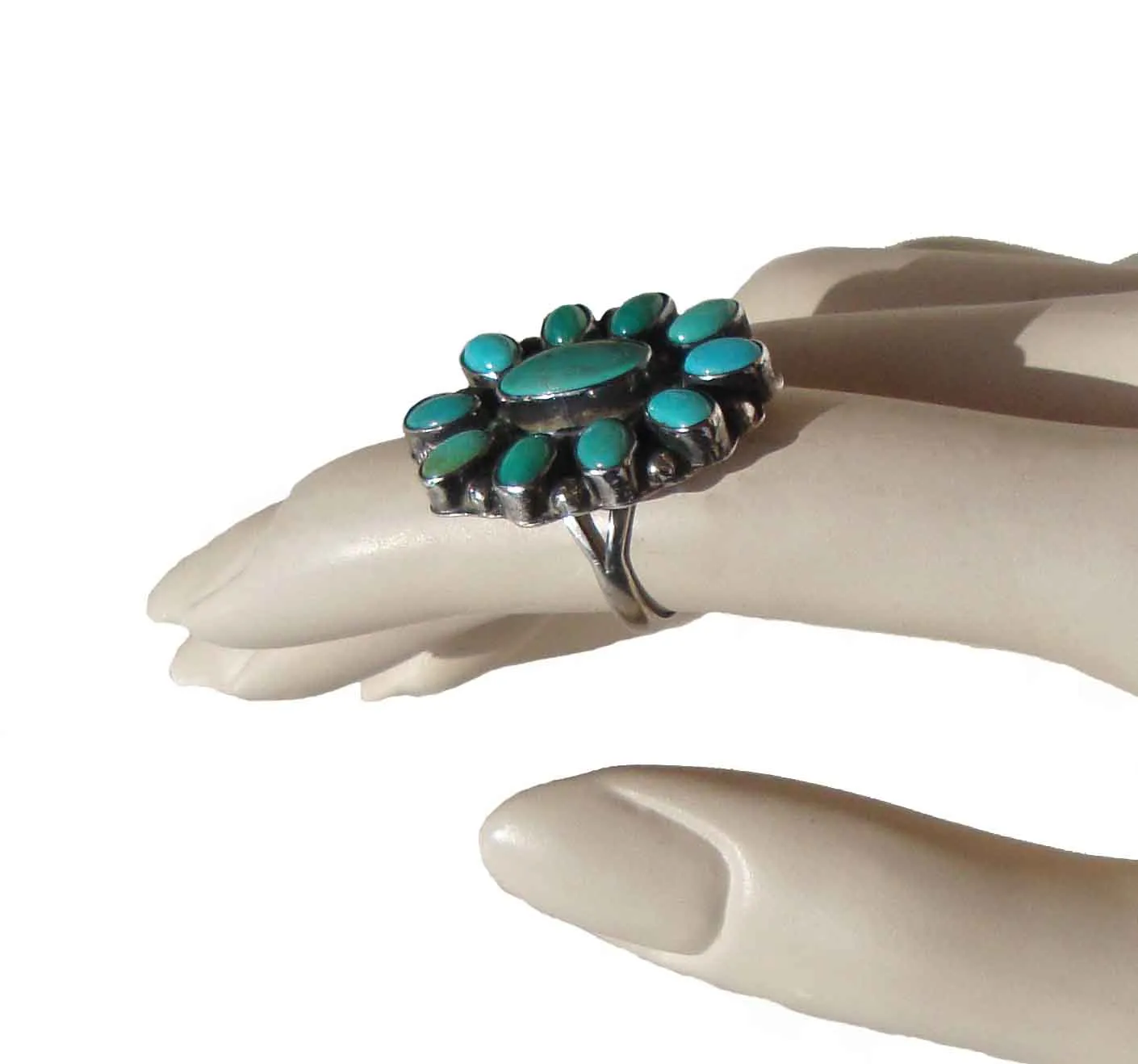 Vintage Southwestern Ring Sterling & Turquoise Cluster Petit Point - Artisan Signed T