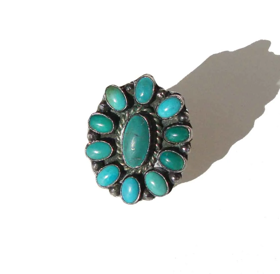 Vintage Southwestern Ring Sterling & Turquoise Cluster Petit Point - Artisan Signed T