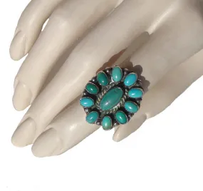 Vintage Southwestern Ring Sterling & Turquoise Cluster Petit Point - Artisan Signed T