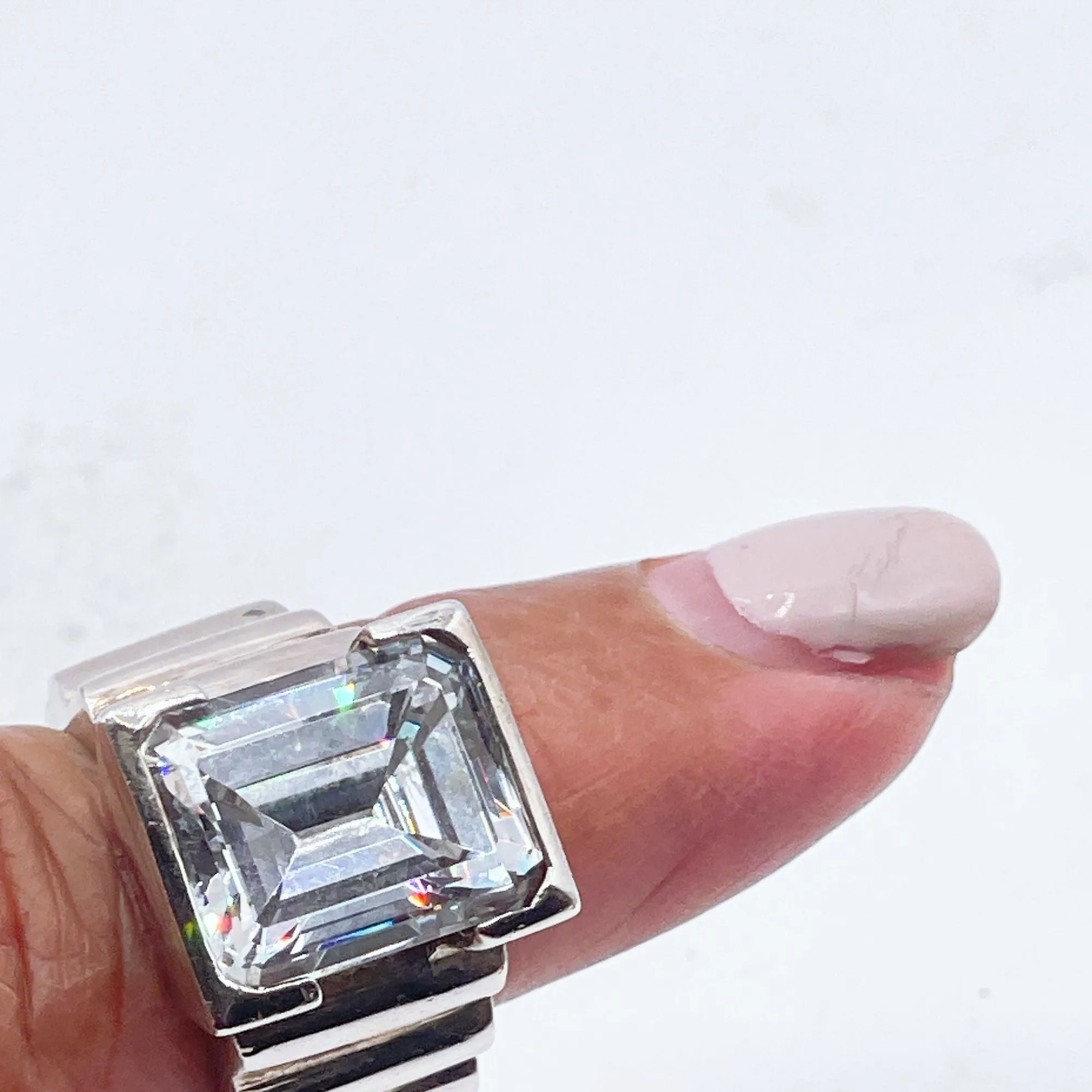 Vintage Sterling Silver Ring With Emerald Cut Clear Stone Size 6