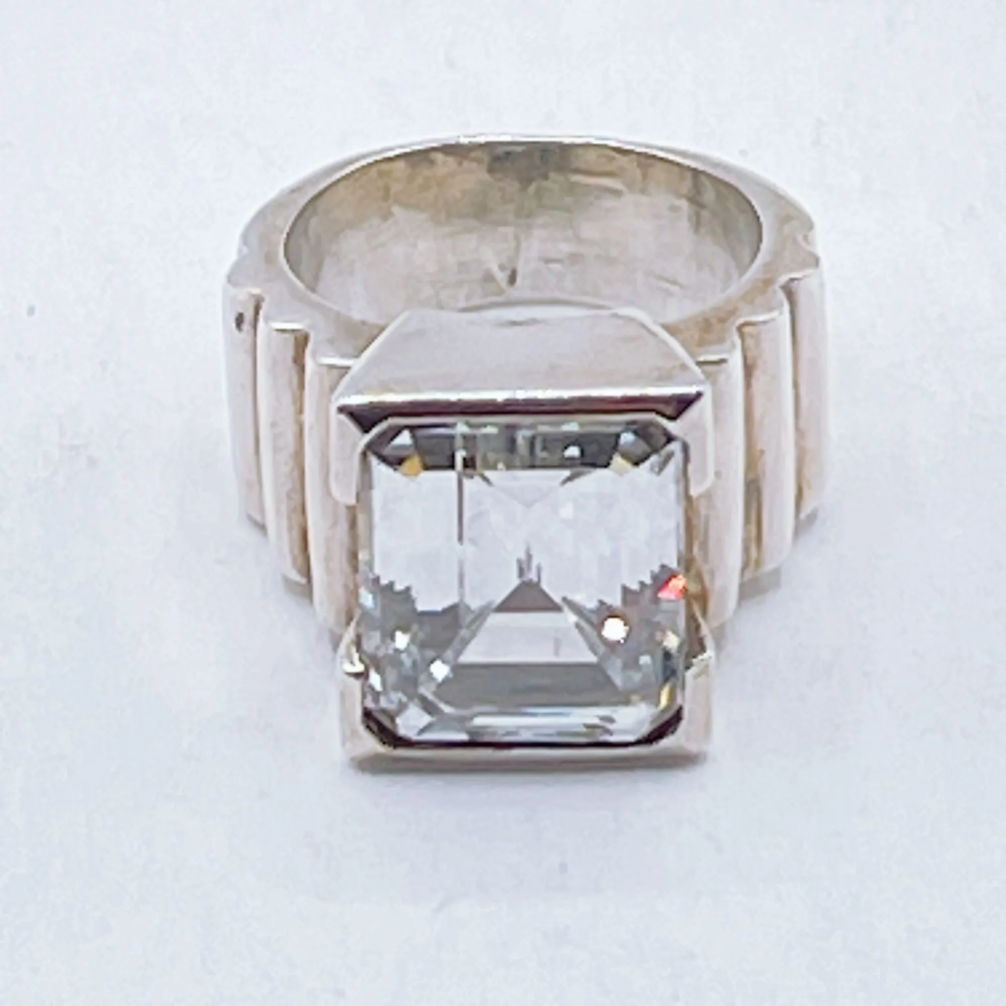 Vintage Sterling Silver Ring With Emerald Cut Clear Stone Size 6