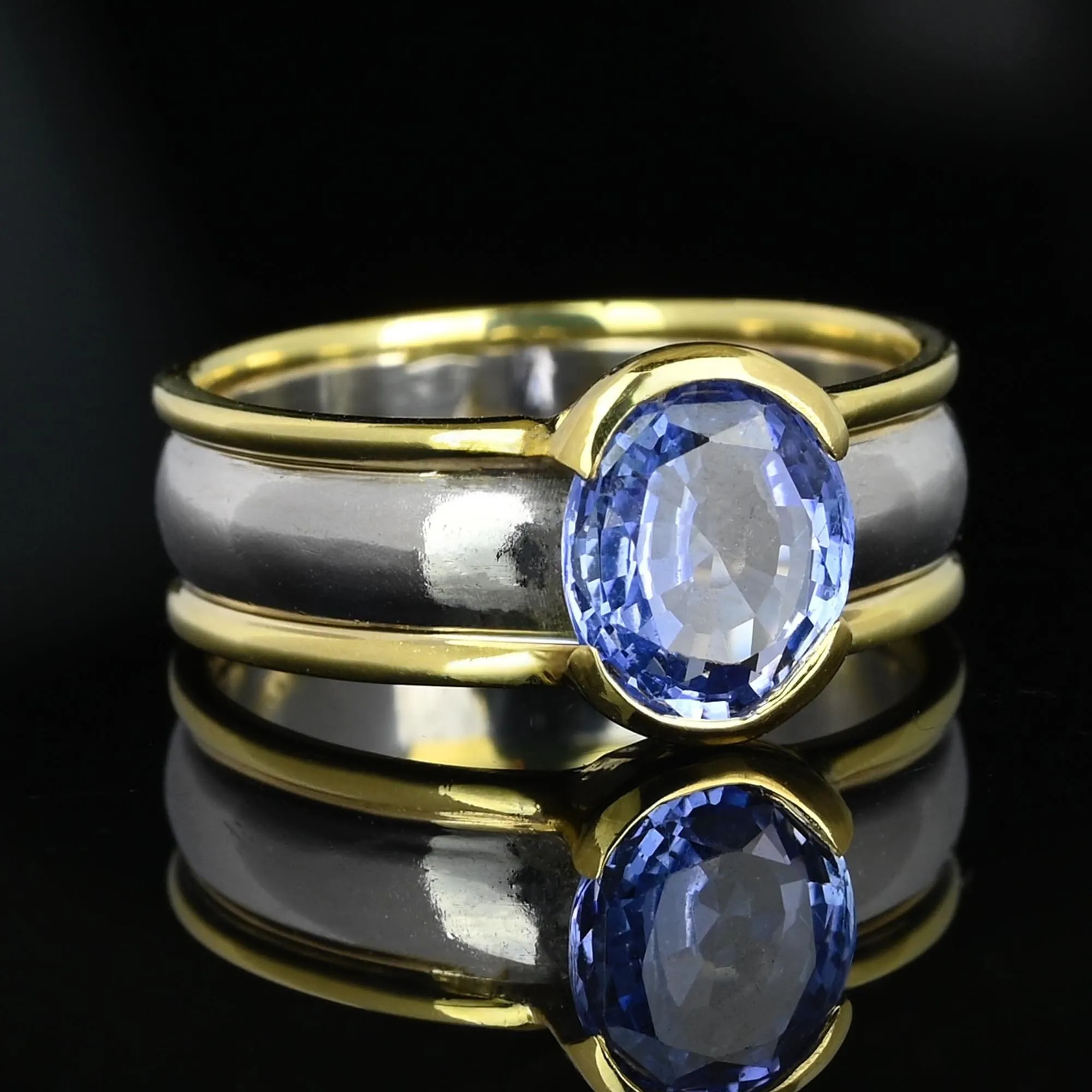 Wide 18K Gold Platinum Cornflower Blue Sapphire Ring Band