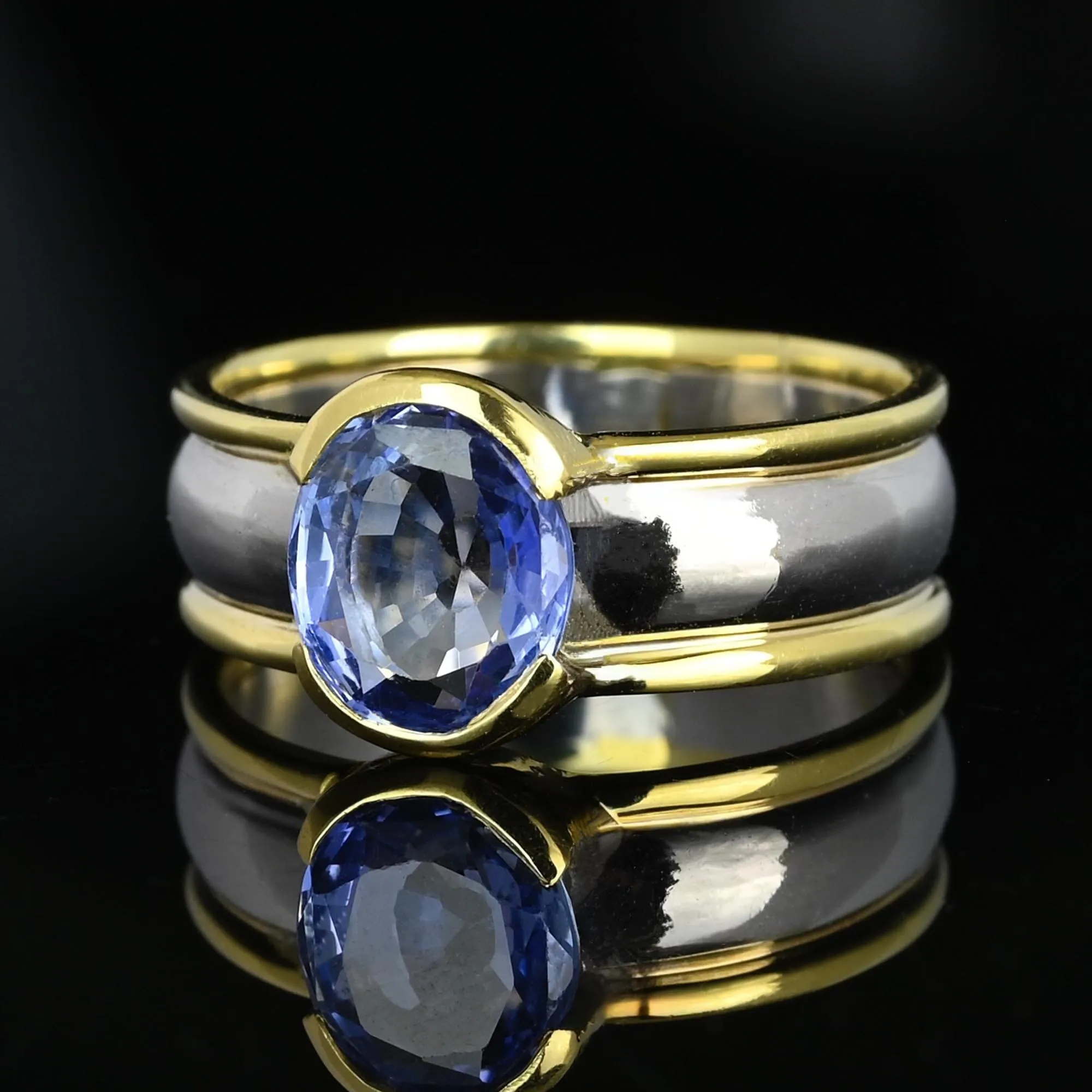 Wide 18K Gold Platinum Cornflower Blue Sapphire Ring Band