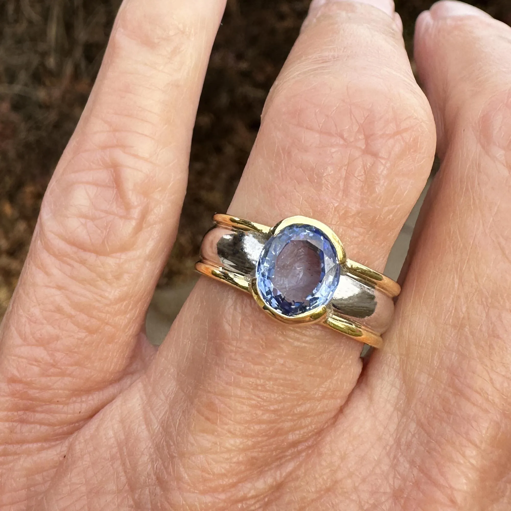 Wide 18K Gold Platinum Cornflower Blue Sapphire Ring Band
