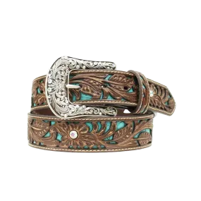 Womens Floral Tooled Turquoise Inlay Leather Belt