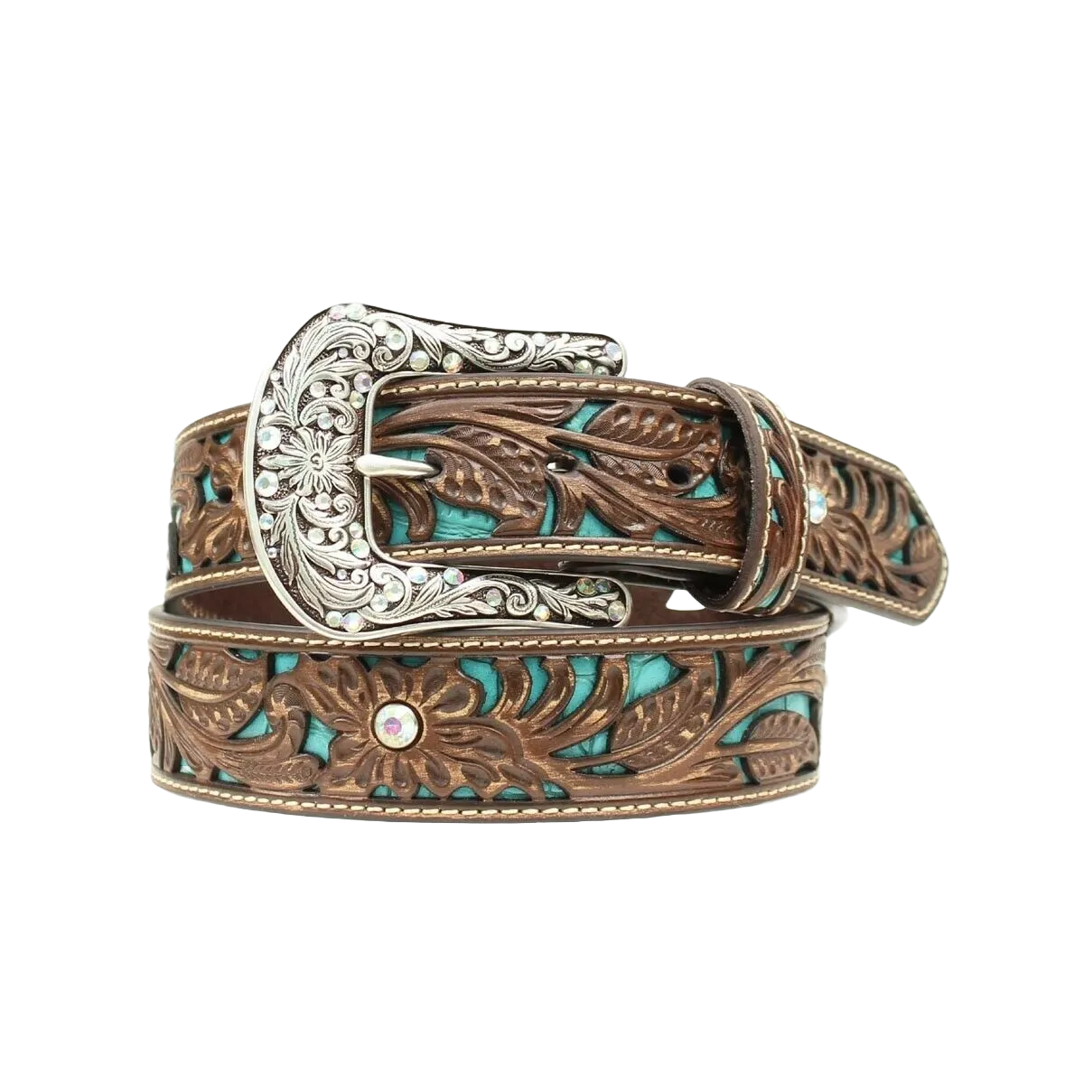 Womens Floral Tooled Turquoise Inlay Leather Belt