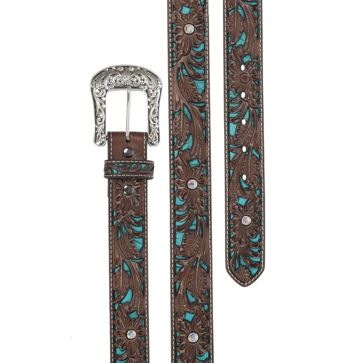 Womens Floral Tooled Turquoise Inlay Leather Belt