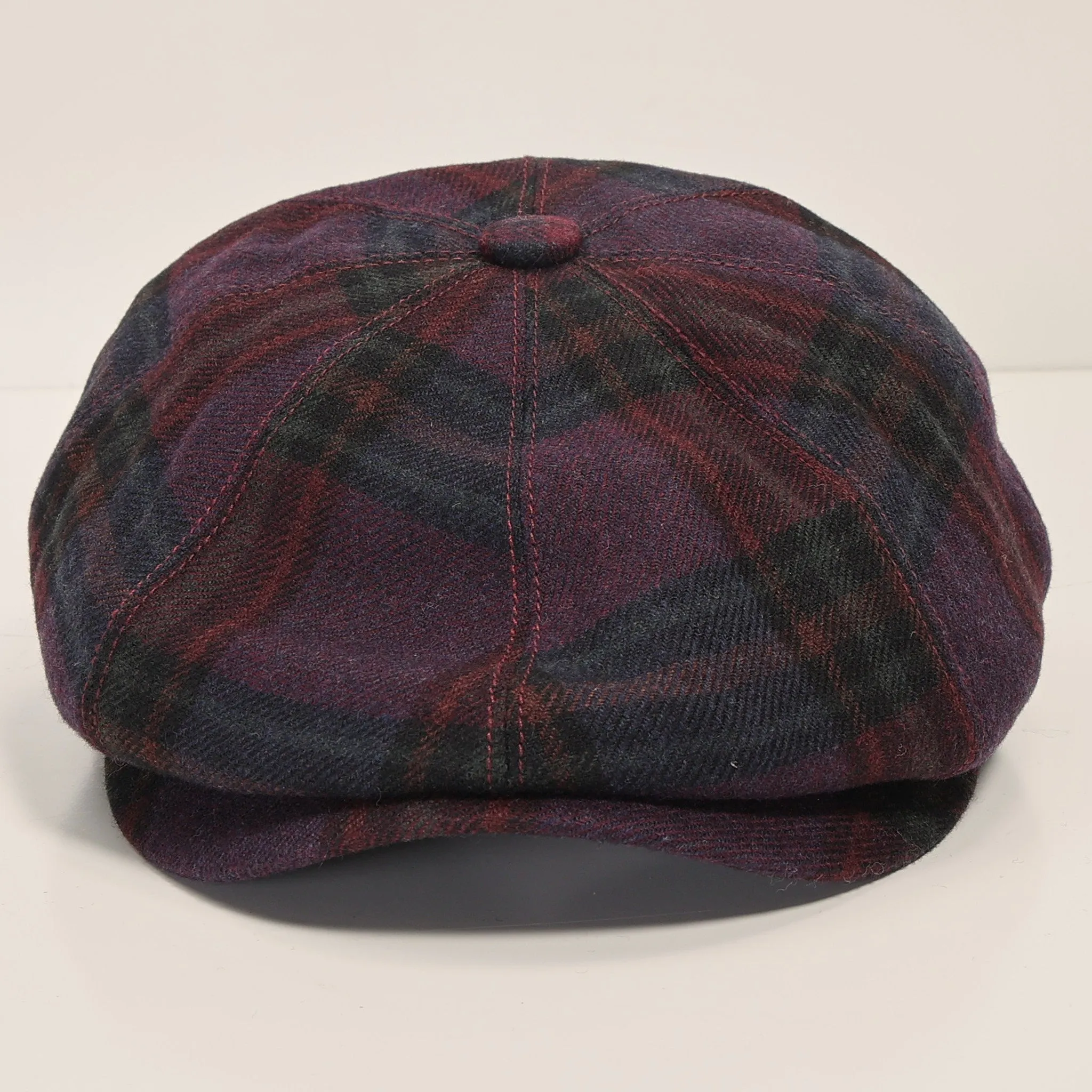 Wool Blend Plaid Newsboy Cap - Burgundy Navy
