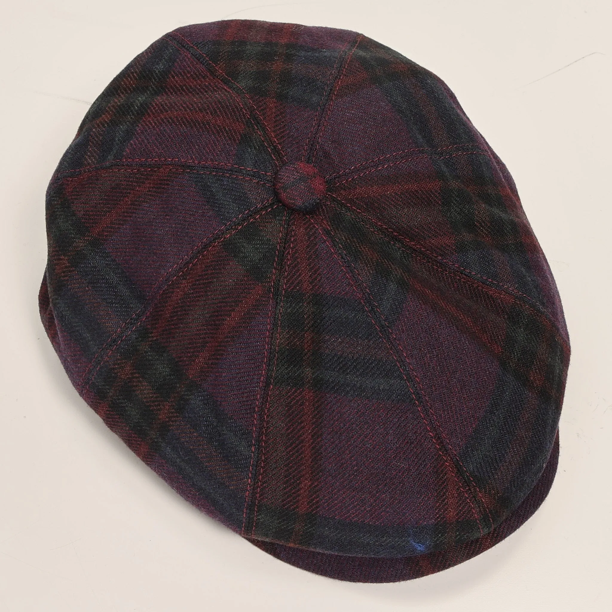 Wool Blend Plaid Newsboy Cap - Burgundy Navy