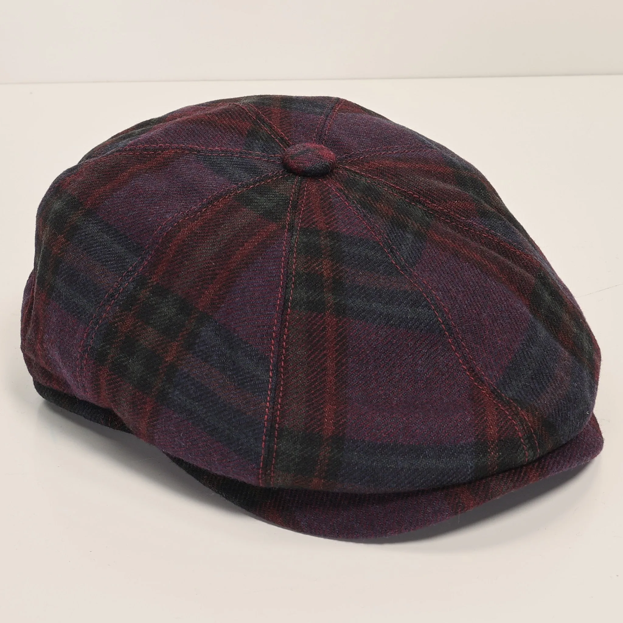Wool Blend Plaid Newsboy Cap - Burgundy Navy