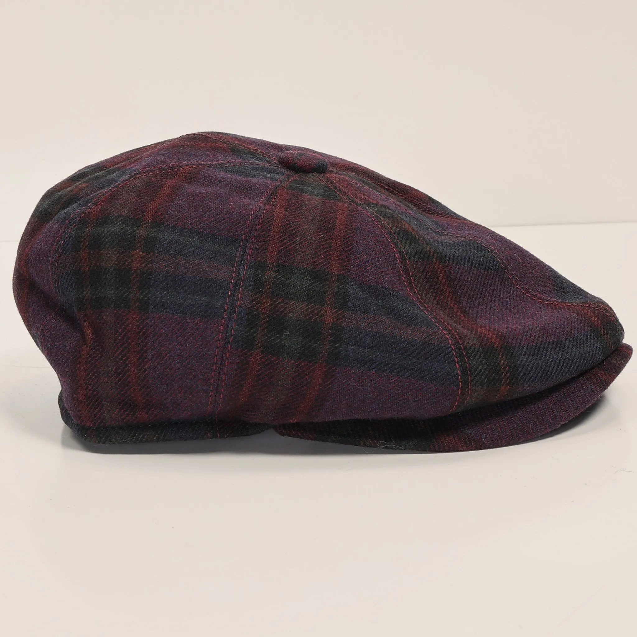 Wool Blend Plaid Newsboy Cap - Burgundy Navy
