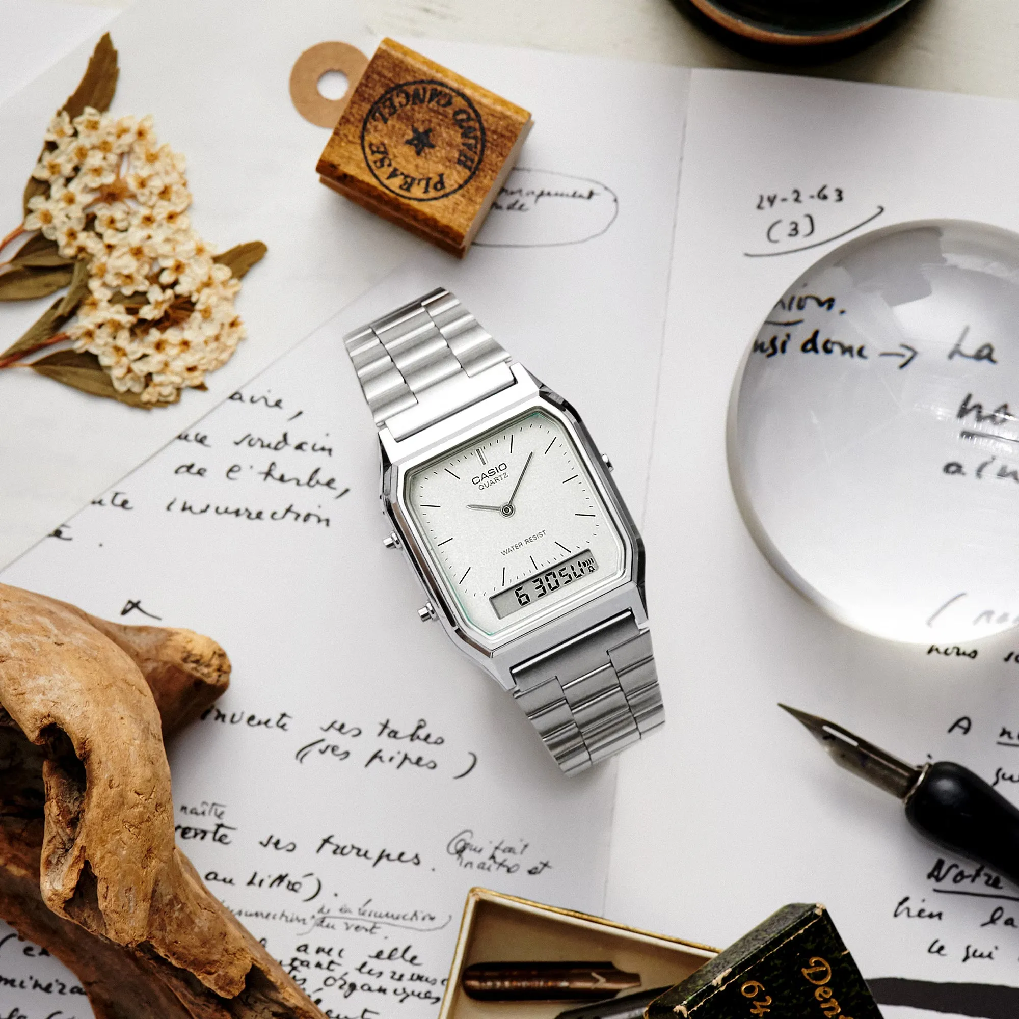 WW0483 Casio Vintage Dual Time Silver Chain Watch AQ-230A-7AMQY