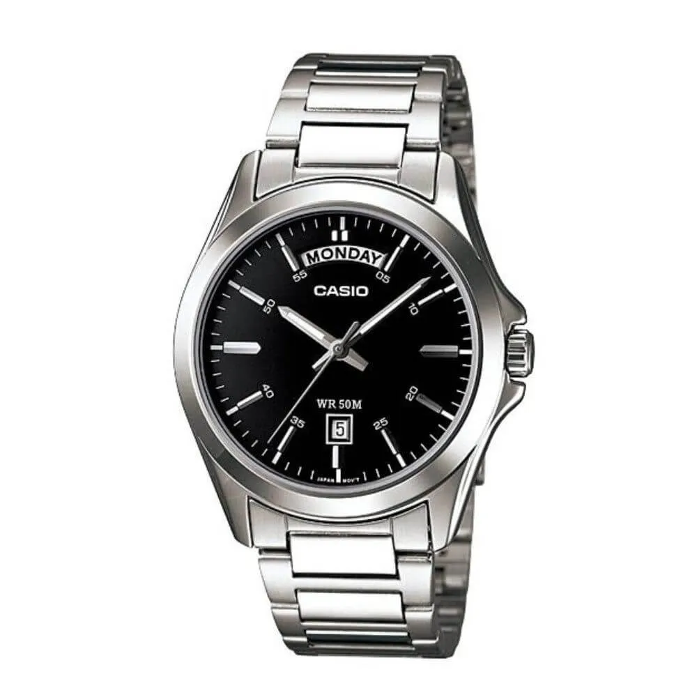 WW1563 Casio Enticer Day Date Silver Chain Watch MTP-1370D-1A1VDF