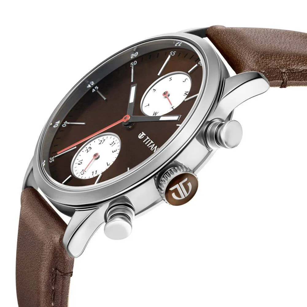 WW2174 Titan Elmnt Day Date Silver Leather Belt Watch 1805SL08