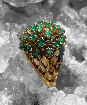 Yellow Gold Emerald Cluster Cocktail Dome Ring - 14k Round 2.55ctw Latticework